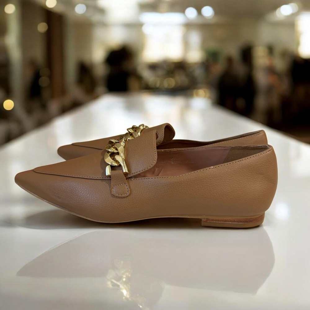 Paolo Tan Chain Loafers Pointed Toe Minimalist Neutral Chic Womens Flats 6.5M